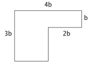 En figur med sidelengder: 3b, ukjent, 2b, b og 4b.